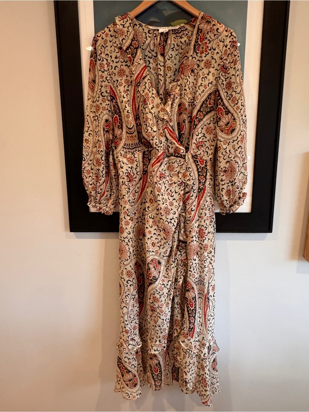 Veronica Beard Derby Wrap Midi Dress - Cream with Red & Black Accents